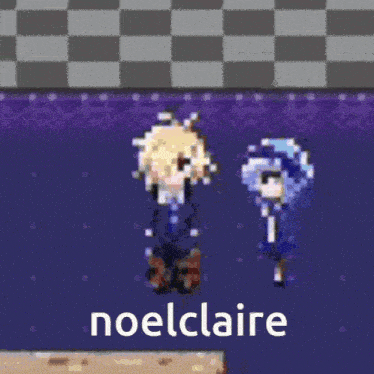 a pixel art of a boy and a girl with the word noelclaire on the bottom right
