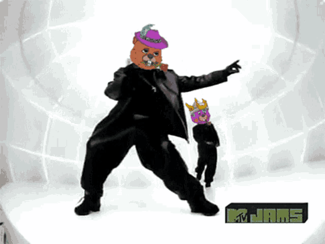 a man and a child are dancing in front of a mtv logo