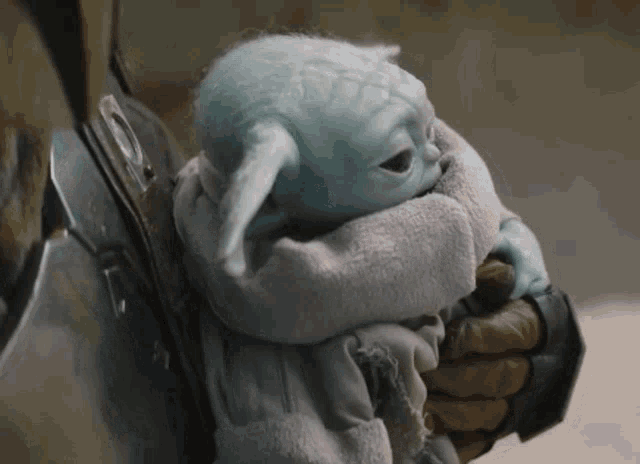 a close up of a person holding a baby yoda in their arms .
