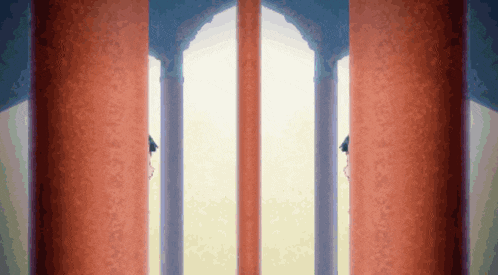 a row of red columns with a blue archway