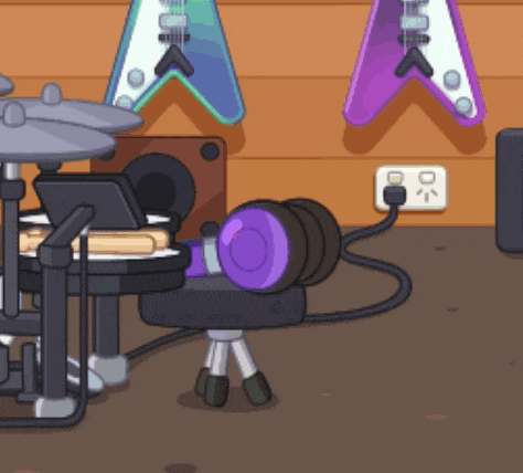 a cartoon drawing of a drum set and headphones with guitars hanging on the wall
