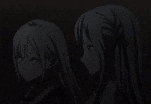 a black and white drawing of two anime girls