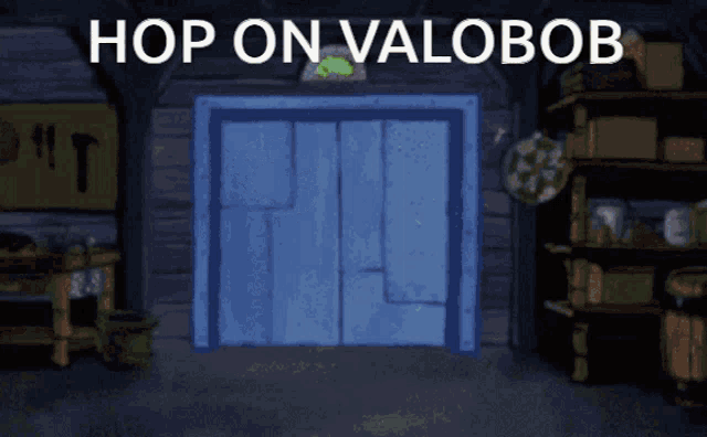 a cartoon scene with the words hop on valobob at the top