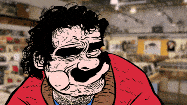 a cartoon of a man with curly hair and a cross on his neck
