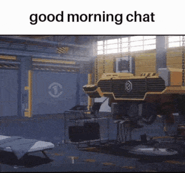 a room with a bed and a robot in it and the words `` good morning chat '' above it .
