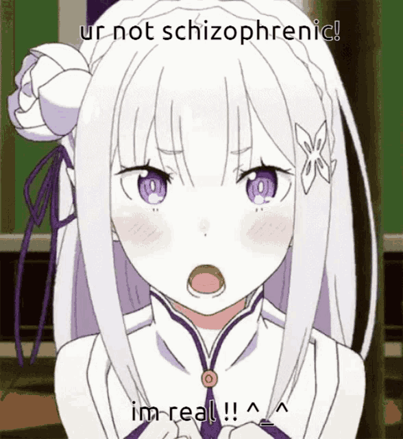 a girl with white hair and purple eyes says ur not schizophrenic i 'm real