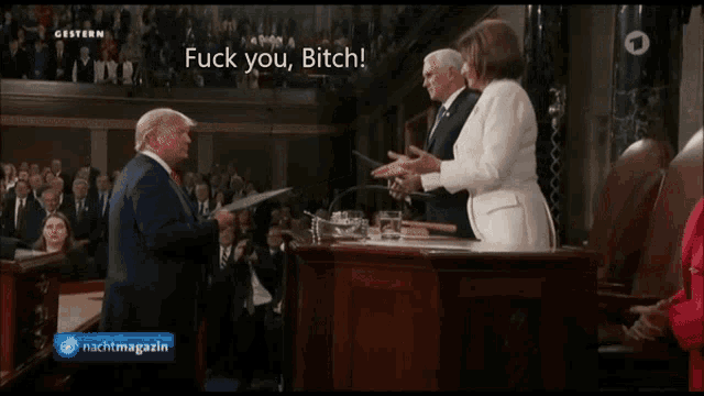 a screen shot of donald trump and nancy pelosi with the words fuck you bitch on the bottom