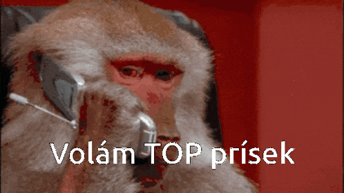 a monkey wearing an oxygen mask talks on a cell phone with the words volan top prisek below it