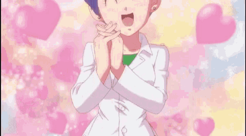 a girl with blue hair is smiling and holding her hands together in front of a pink background .