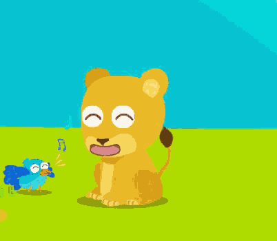 a cartoon of a lion and a blue bird on a green field