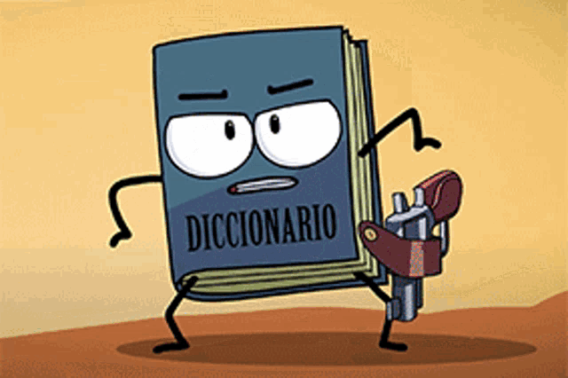 a cartoon drawing of a book named diccionario holding a gun