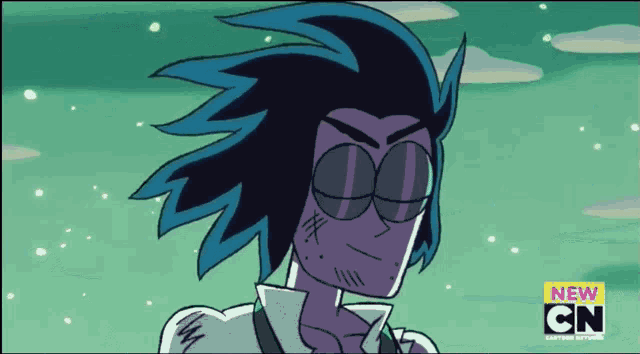 a cartoon character with blue hair and sunglasses is featured on a new cn cartoon network advertisement