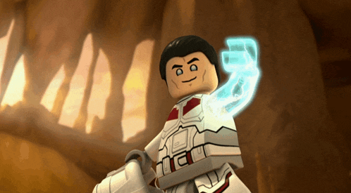 a lego man with a glowing arm and a sword