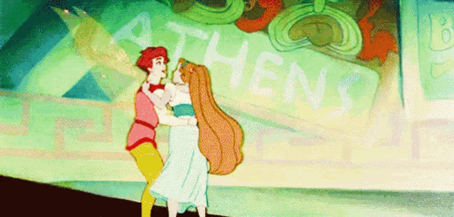 a couple of cartoon characters dancing in front of a sign that says " athens "