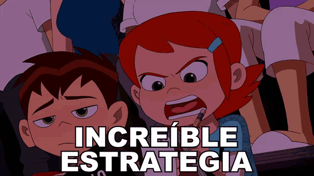 a cartoon of a boy and a girl with the words " increible estrategia " above them
