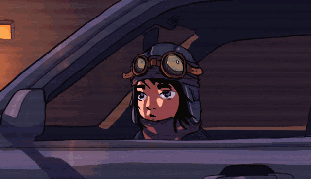 a cartoon drawing of a person wearing goggles and a hat