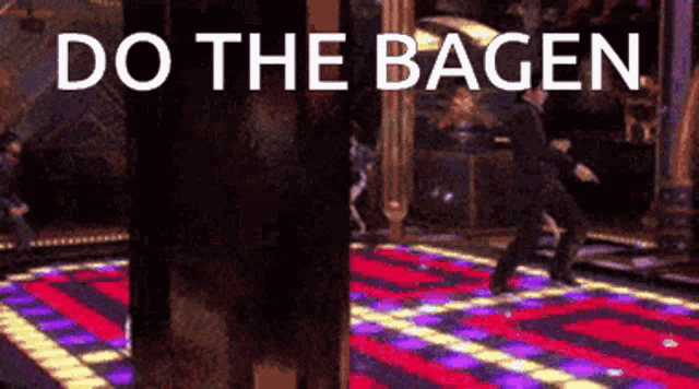 a man dancing on a dance floor with the words do the bagen written above him