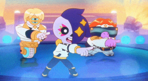a cartoon character with a purple face and diamonds on it