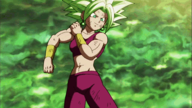 a female cartoon character with green hair and purple pants