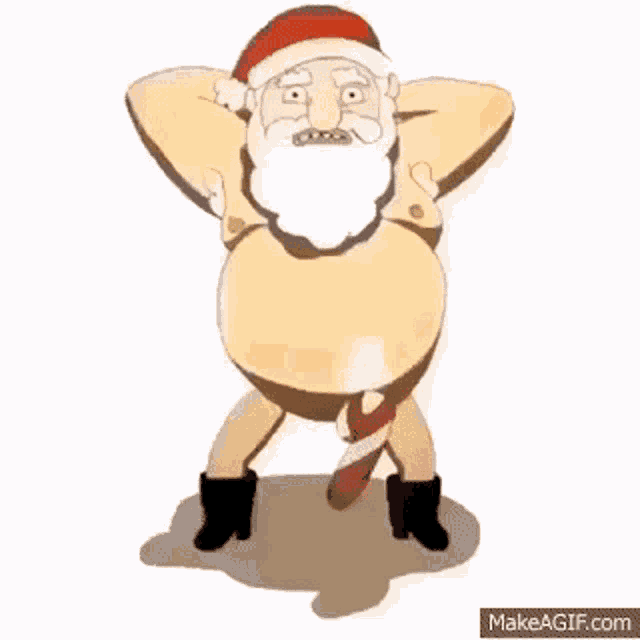 a cartoon of a naked santa claus with a candy cane in his pants .