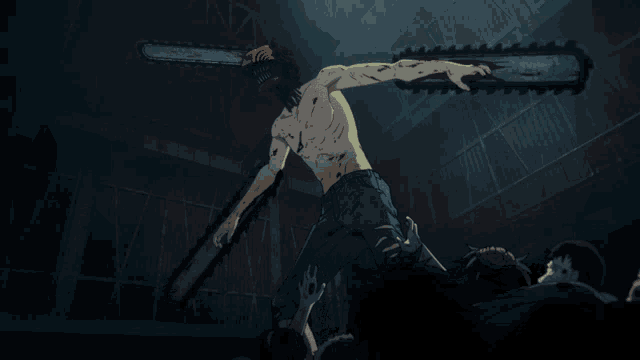 a man with a chainsaw on his head is being attacked