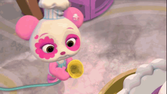 a pink and white teddy bear with a chef 's hat is playing a trumpet