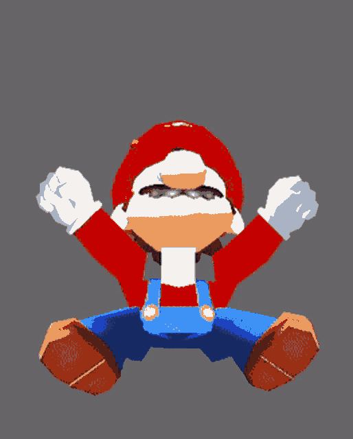 a cartoon character named mario is sitting down with his arms in the air