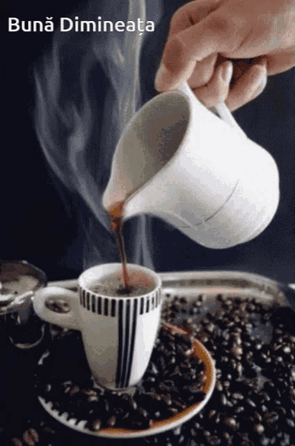 a cup of coffee is being poured from a pitcher on a saucer