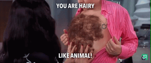 a woman is touching a man 's chest with the words " you are hairy like animal " on the bottom