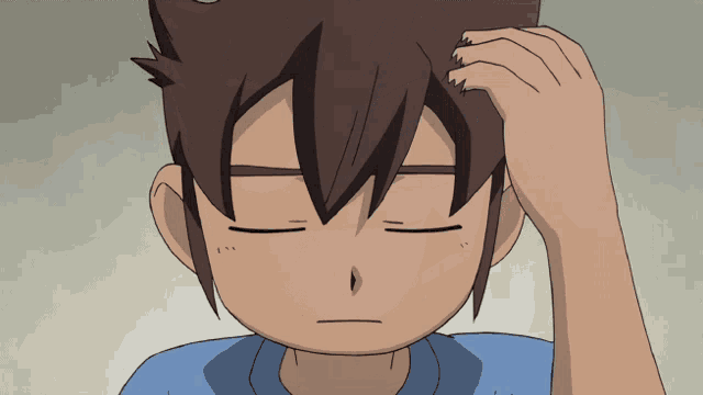 a close up of a person scratching their head with their eyes closed