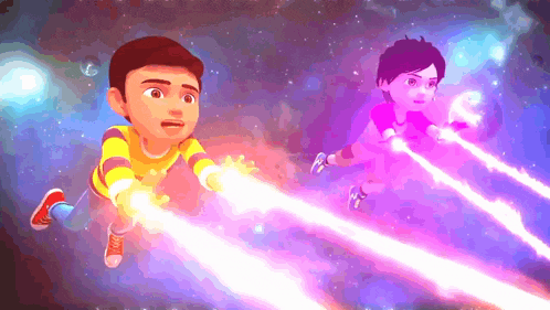 two cartoon characters are flying through the air while holding glowing objects in their hands