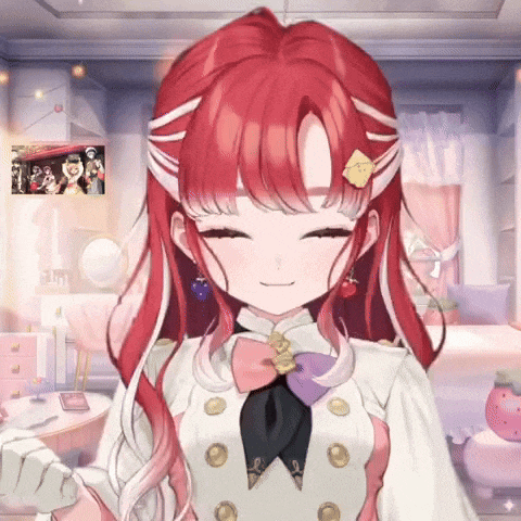 a girl with red hair and white stripes is smiling in a room with a picture on the wall behind her .