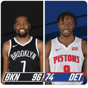 two basketball players from brooklyn and pistons are standing next to each other