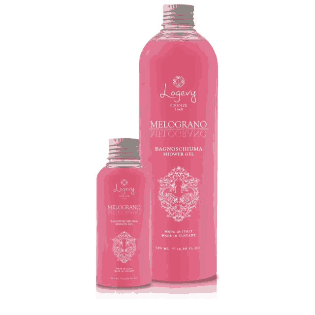 a bottle of loggly melograno bathing spuma shower gel is next to a smaller bottle