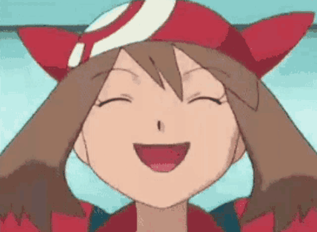 may from pokemon is laughing with her eyes closed .