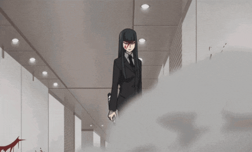 a woman in a suit is holding a blue light saber