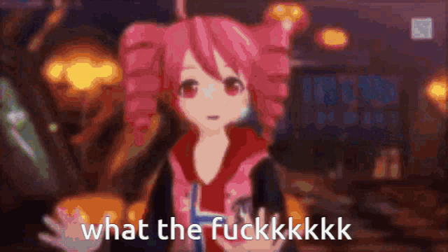 a girl with pink hair and red eyes is saying what the fuckkkk .