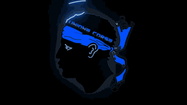 a silhouette of a man with unione corse written on his head