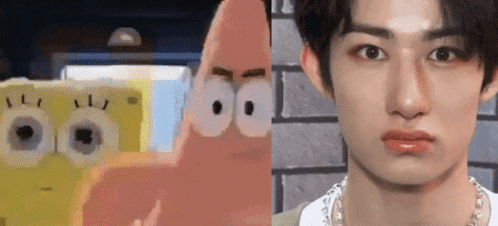 a close up of a person 's face next to a spongebob cartoon character .