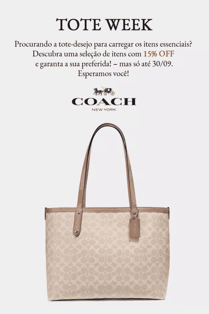 an advertisement for coach new york shows a beige tote bag