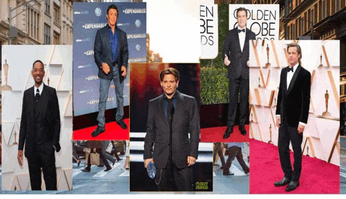 a collage of pictures of men in suits and ties on a red carpet