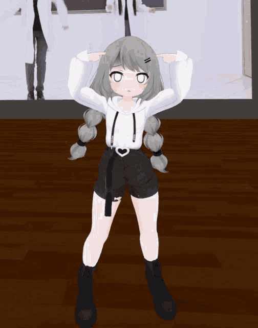 a cartoon girl with gray hair and white eyes is standing on a wooden floor