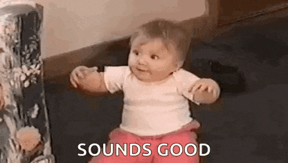 a baby is sitting on the floor with the words `` sounds good '' behind him .