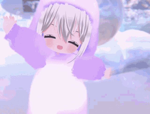 a cartoon girl with white hair and a purple hood