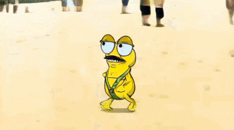 a yellow cartoon character is walking on a beach with a life preserver around his neck