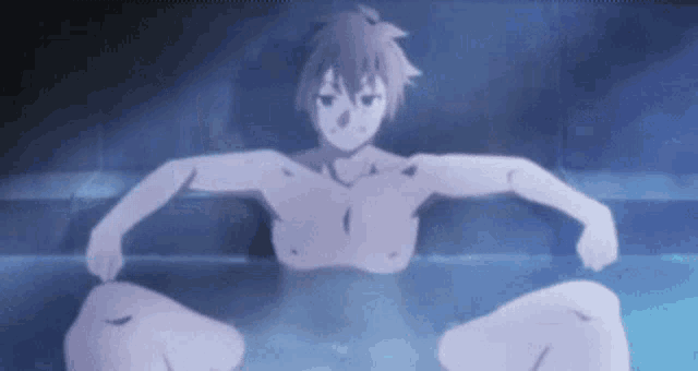 a naked anime character is sitting in a bathtub with his legs crossed .