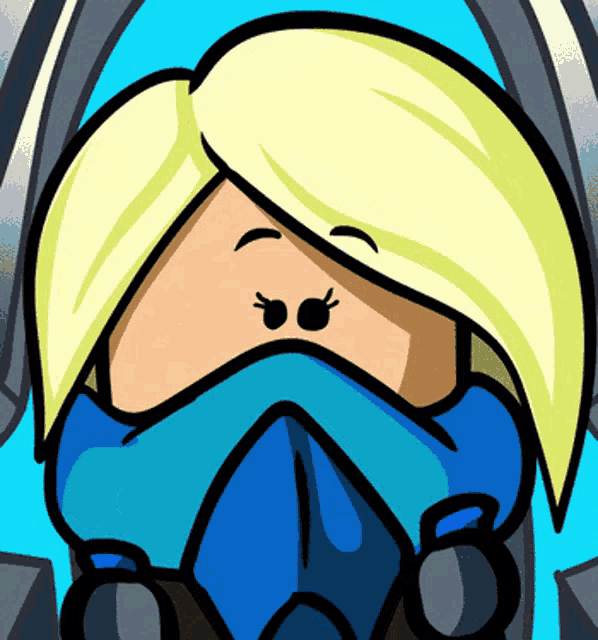 a cartoon of a girl with blonde hair and a blue mask
