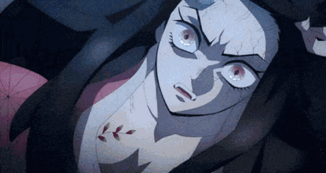 a close up of a cartoon character 's face with a tattoo on her chest