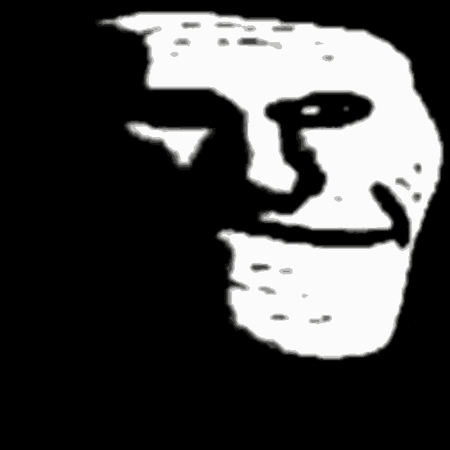 a black and white drawing of a troll face with big teeth