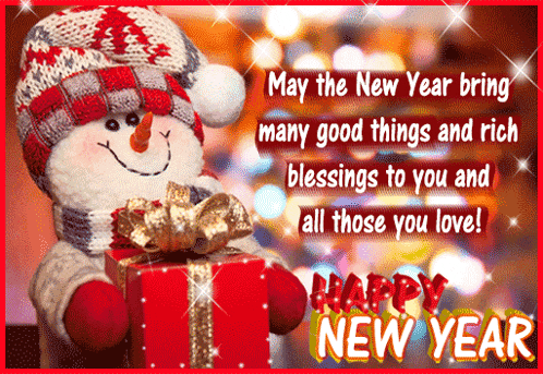 a happy new year card with a snowman holding a red gift box